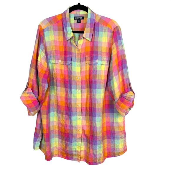 Lands' End Tops - Lands End Linen Shirt Womens 1X Rainbow Madras Plaid Button Down Colorful Preppy